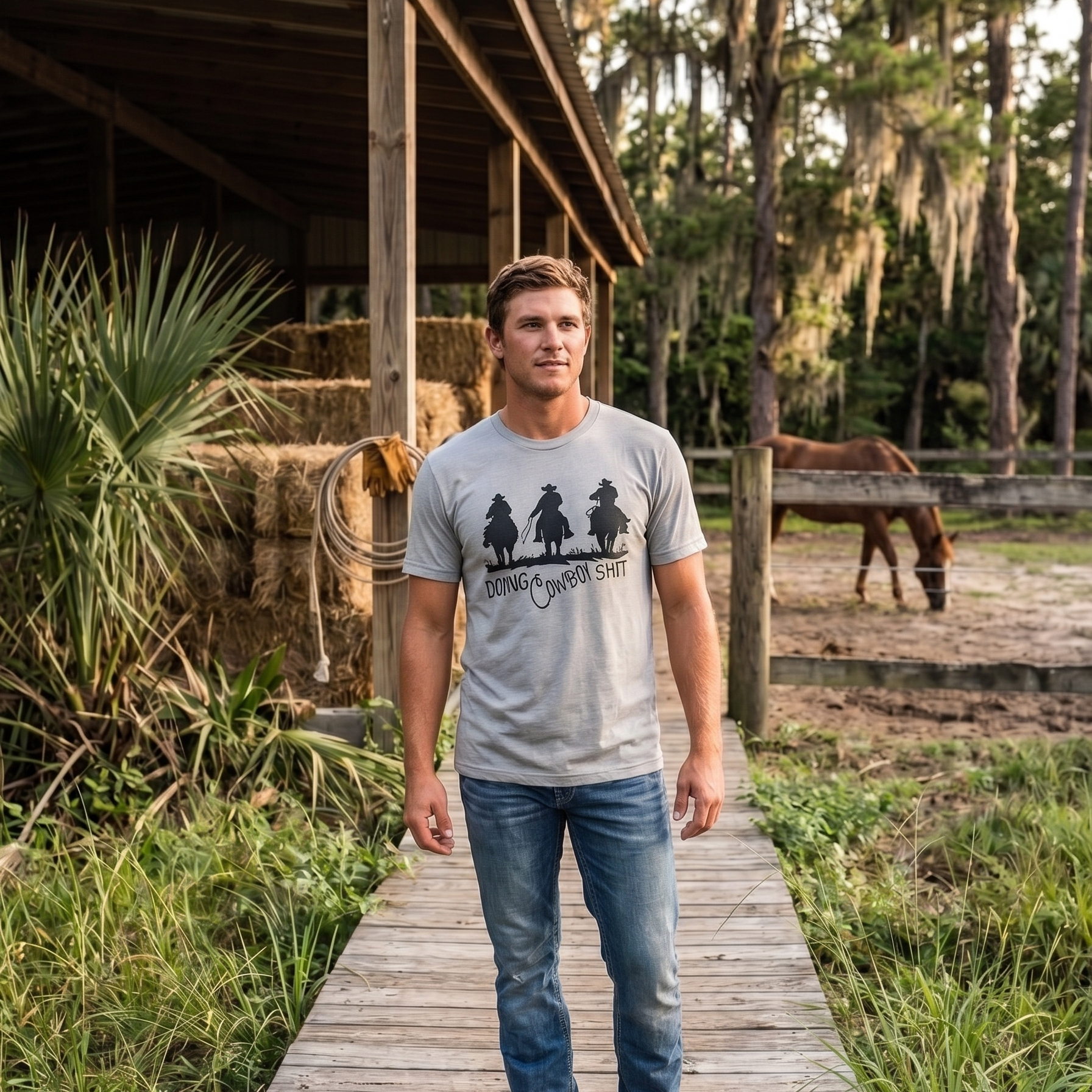 Man standing on a wooden path in a rural setting with trees and a horse in the background.