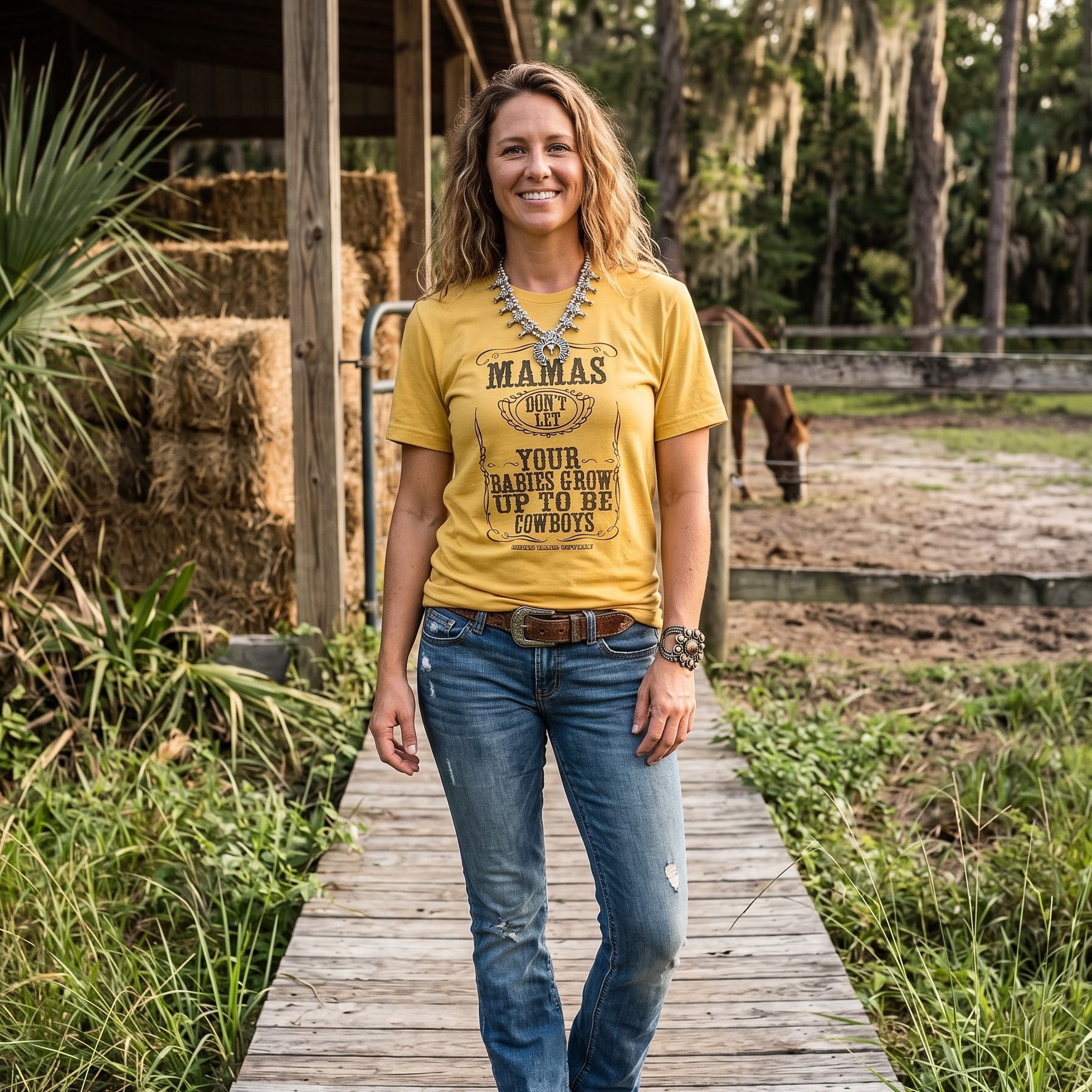 Woman wearing a yellow t-shirt and blue jeans standing on a wooden walkway with hay bales and a horse in the background.